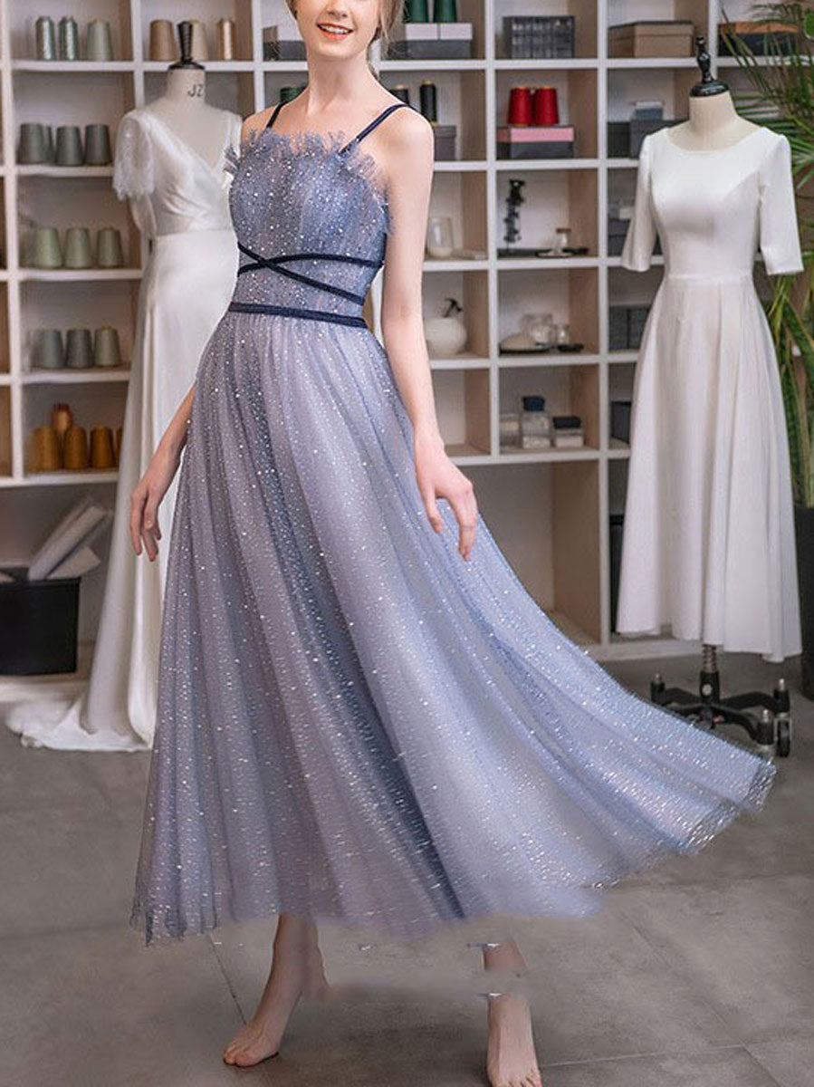 Unique tulle beads tea length prom dress, tulle evening dress
