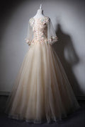 Champagne round neck tulle long prom dress, tulle evening dress