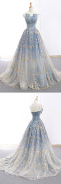 blue tulle long prom dress, blue tulle evening dress