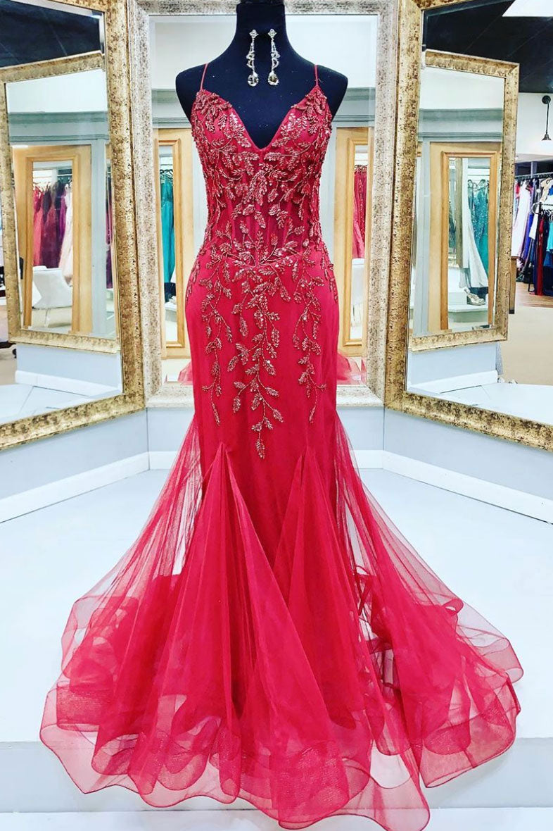 Red v neck tulle sequin beads mermaid long prom dress