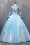 Blue tulle lace long prom dress, blue tulle lace evening dress