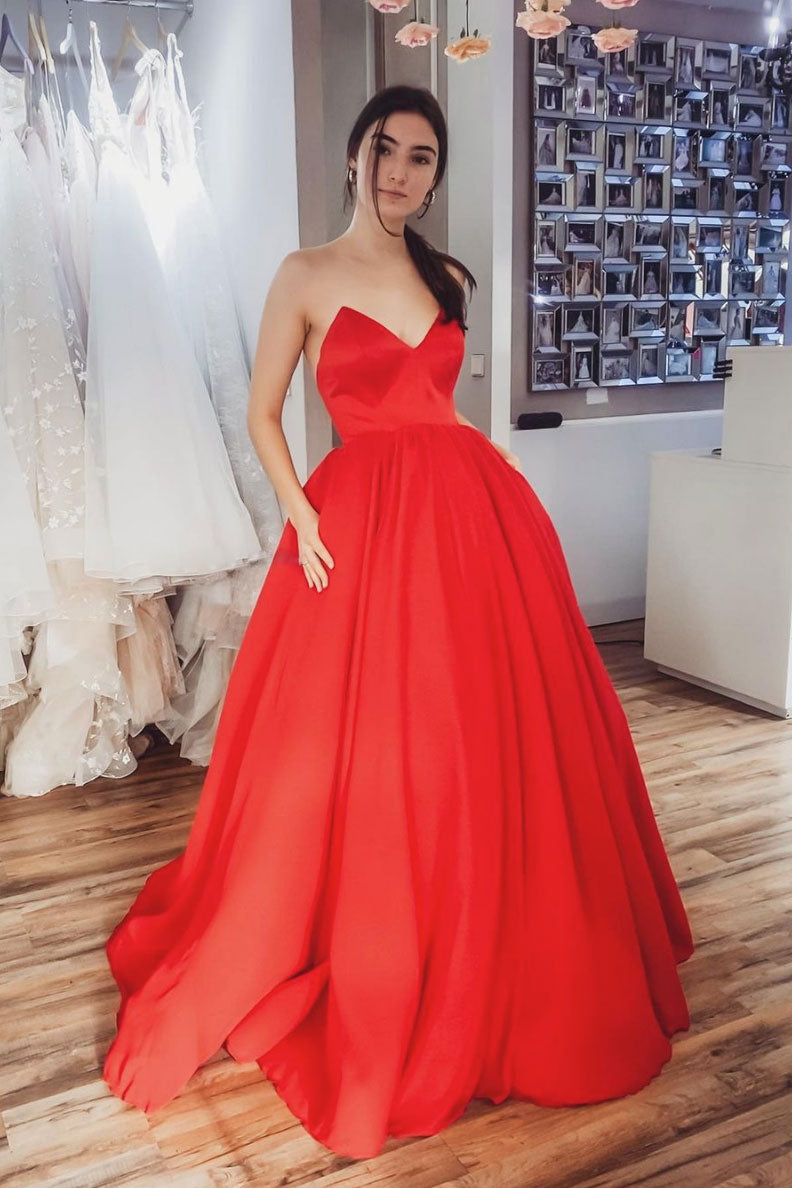 Simple red satin long prom dress red evening dress