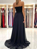 Black sweetheart A line chiffon lace long prom dress, black evening dress