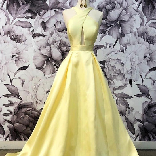 Simple yellow satin long prom dress, yellow evening dress  dresstby