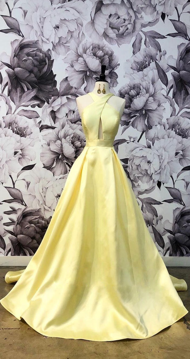 Simple yellow satin long prom dress, yellow evening dress