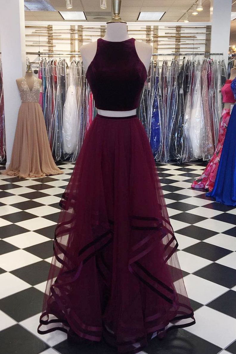 Simple burgundy two pieces long prom dress, burgundy evening dress