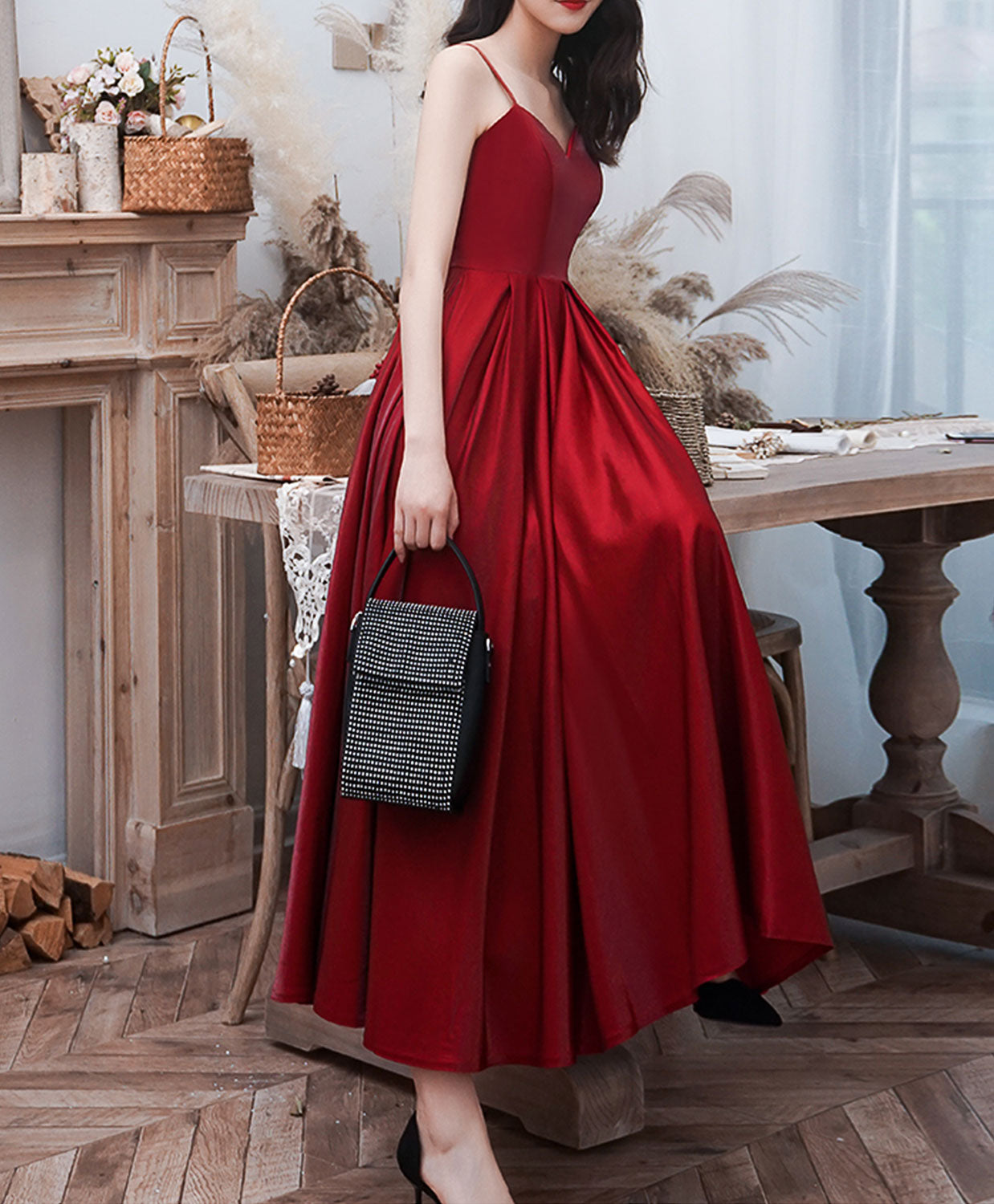 A-Line Satin Burgundy Prom Dress, Burgundy Tea Length Bridesmaid Dress