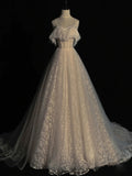 A line off shoulder champagne tulle long prom dress champagne evening dress