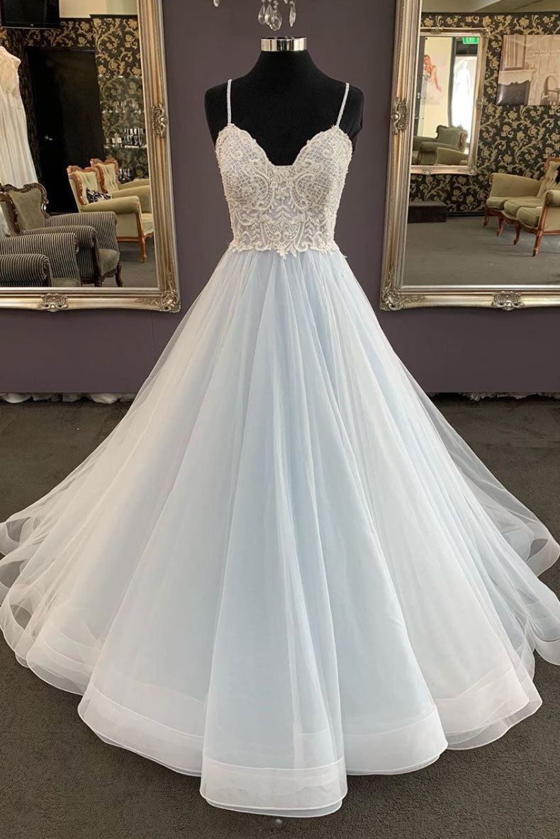 Light blue tulle lace long prom dress, blue evening dress