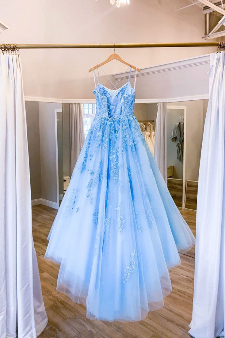 Blue round neck tulle lace long prom dress tulle lace formal dress