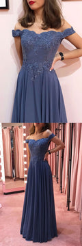 Blue off shoulder chiffon lace long prom dress blue formal dress