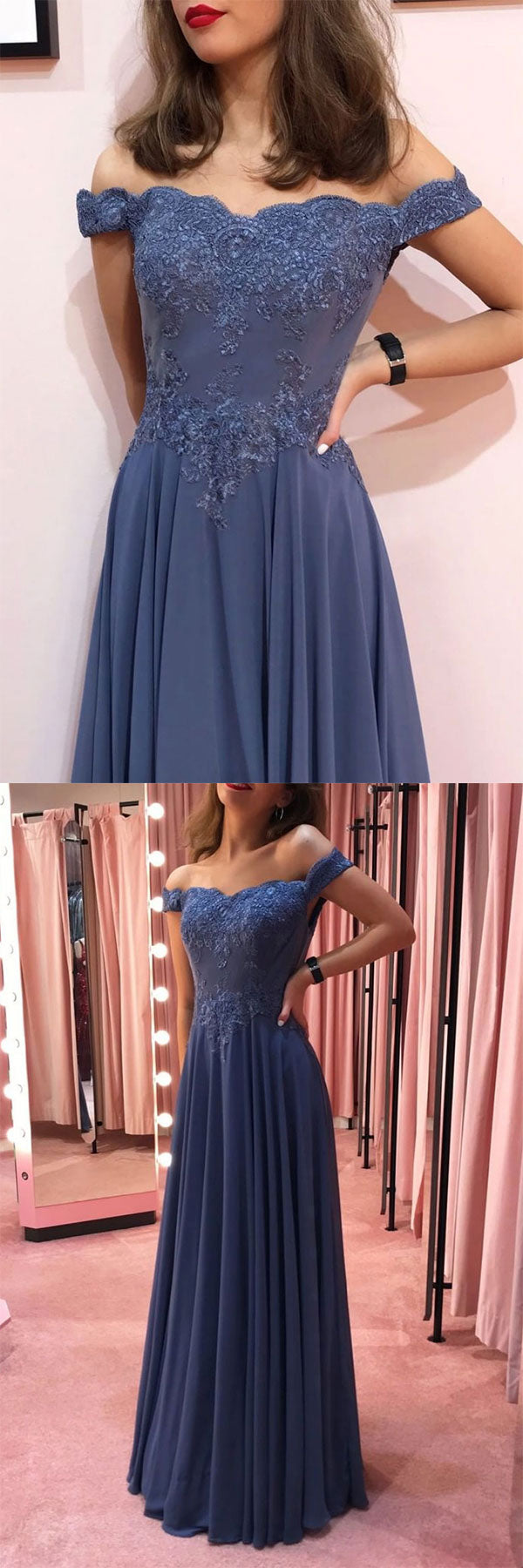 Blue off shoulder chiffon lace long prom dress blue formal dress