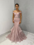 Pink off shoulder tulle sequin long prom dress, pink tulle formal dress