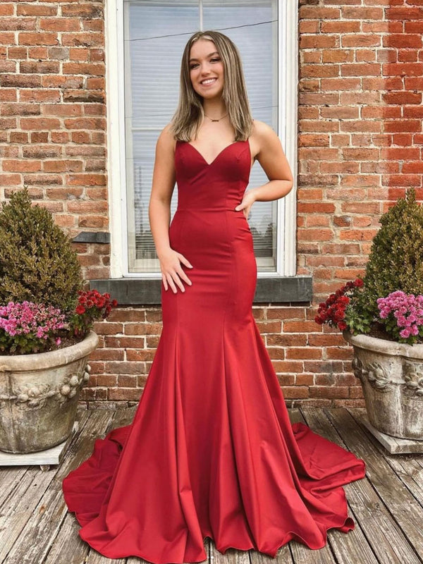 Simple v neck satin burgundy long prom dress, evening dress