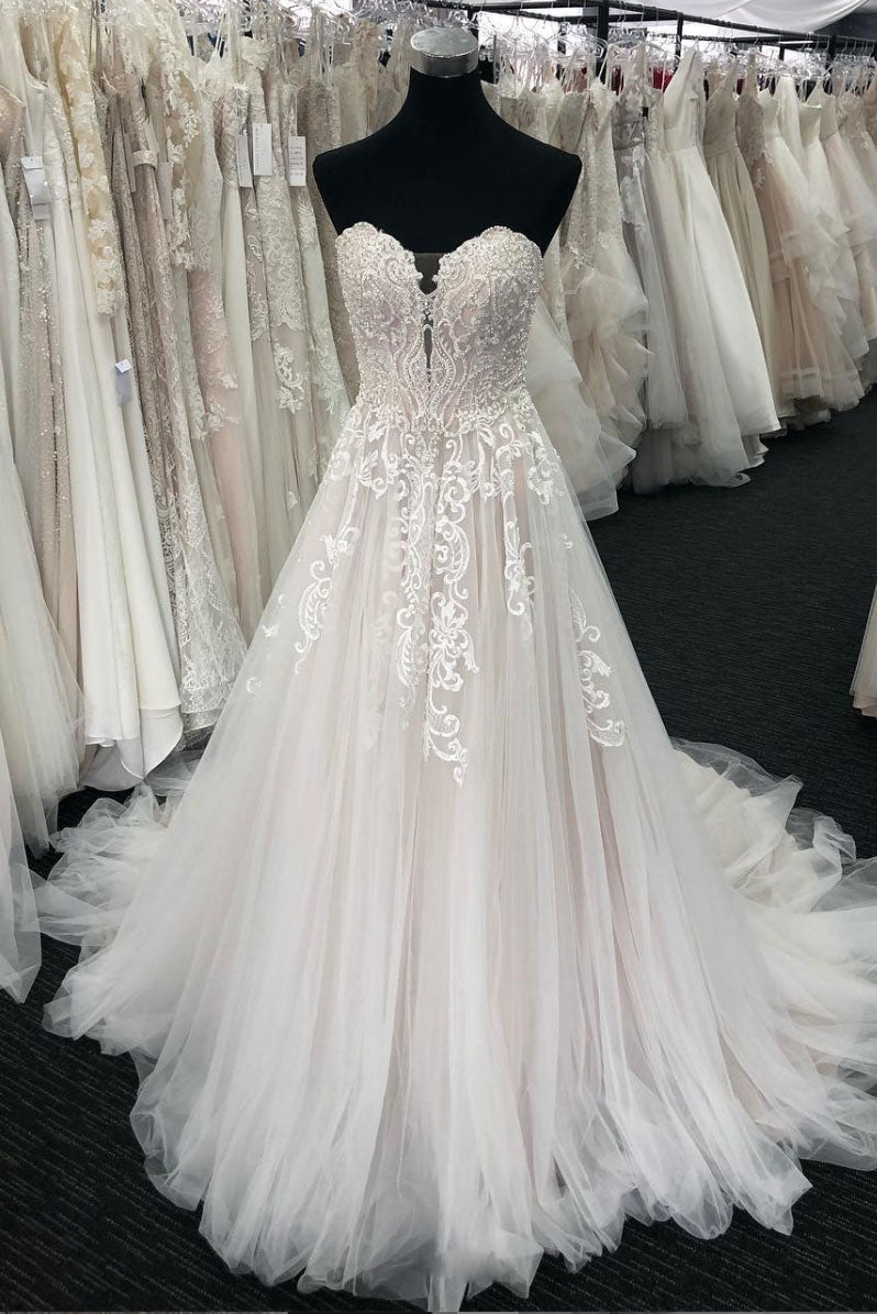 Unique sweetheart neck tulle lace long prom dress, tulle wedding dress
