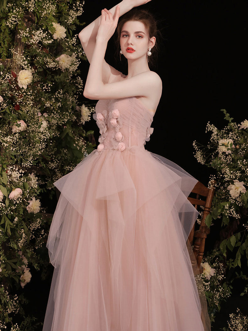 Pink sweetheart neck tulle long prom dress, pink bridesmaid dress