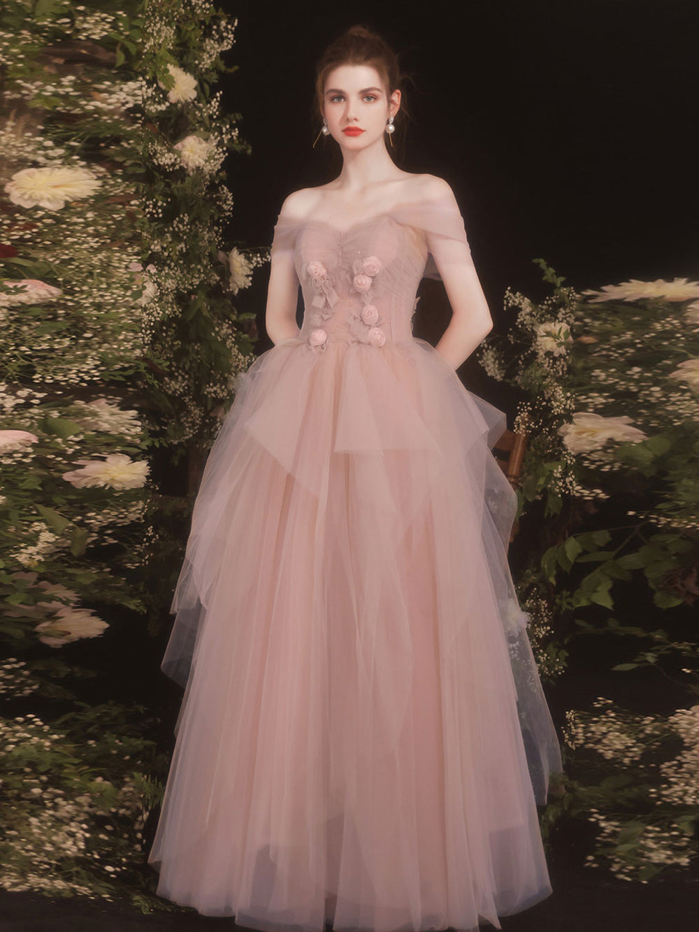 Pink sweetheart neck tulle long prom dress, pink bridesmaid dress dresstby Pink sweetheart neck tulle long prom dress, pink bridesmaid dress dresstby