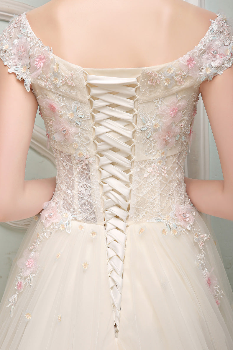 Pink off shoulder tulle lace long prom dress, pink evening dress