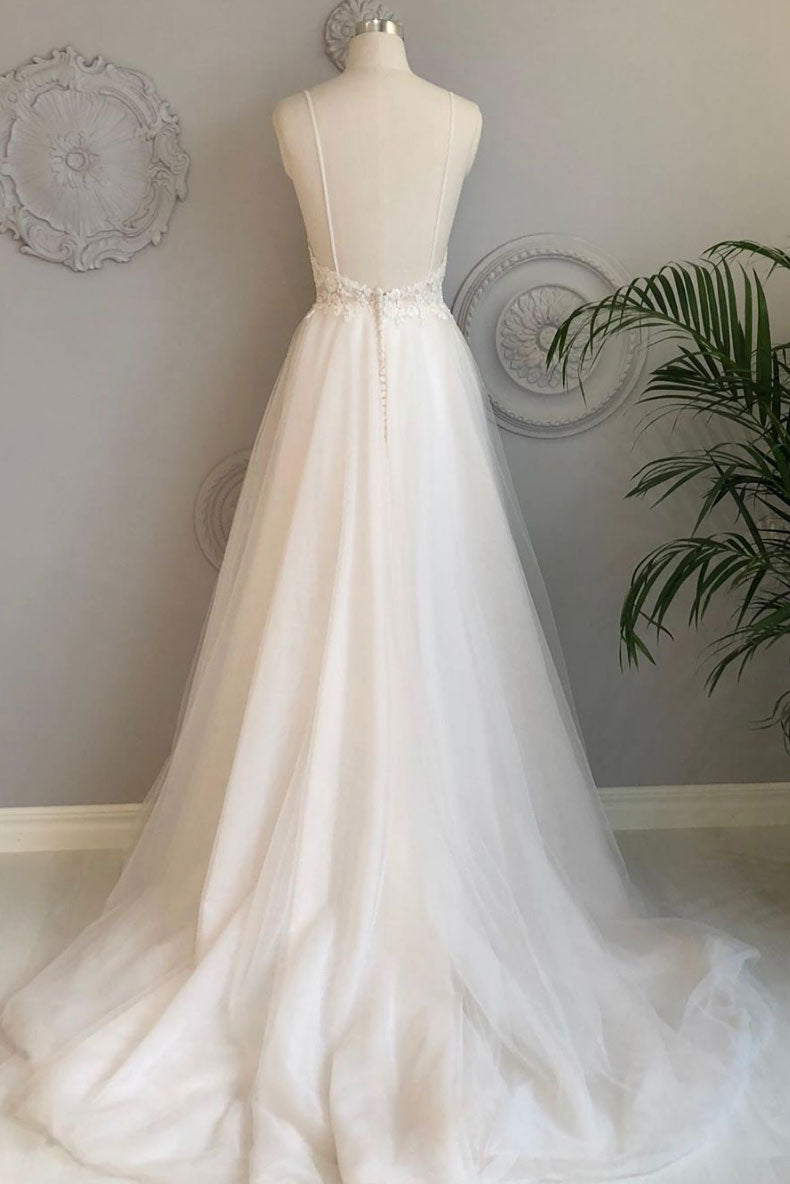 white v neck tulle lace long prom dress, white tulle evening dress