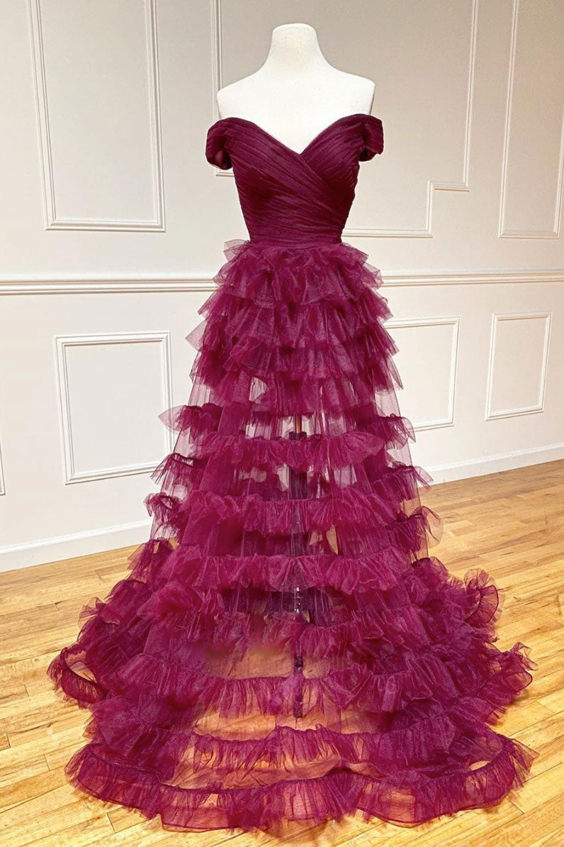 Burgundy sweetheart off shoulder tulle long prom dress tulle formal dress