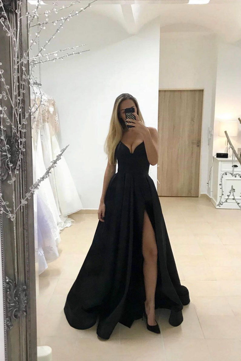 Simple sweetheart black long prom dress black evening dress