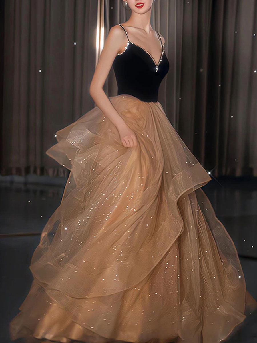 Champagne v neck tulle long prom dress, champagne formal graduation dress
