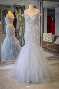 Gray tulle lace mermaid long prom dress, gray evening dress