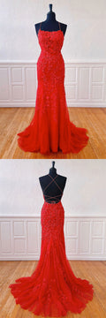 Red lace mermaid long prom dress lace mermaid evening dress