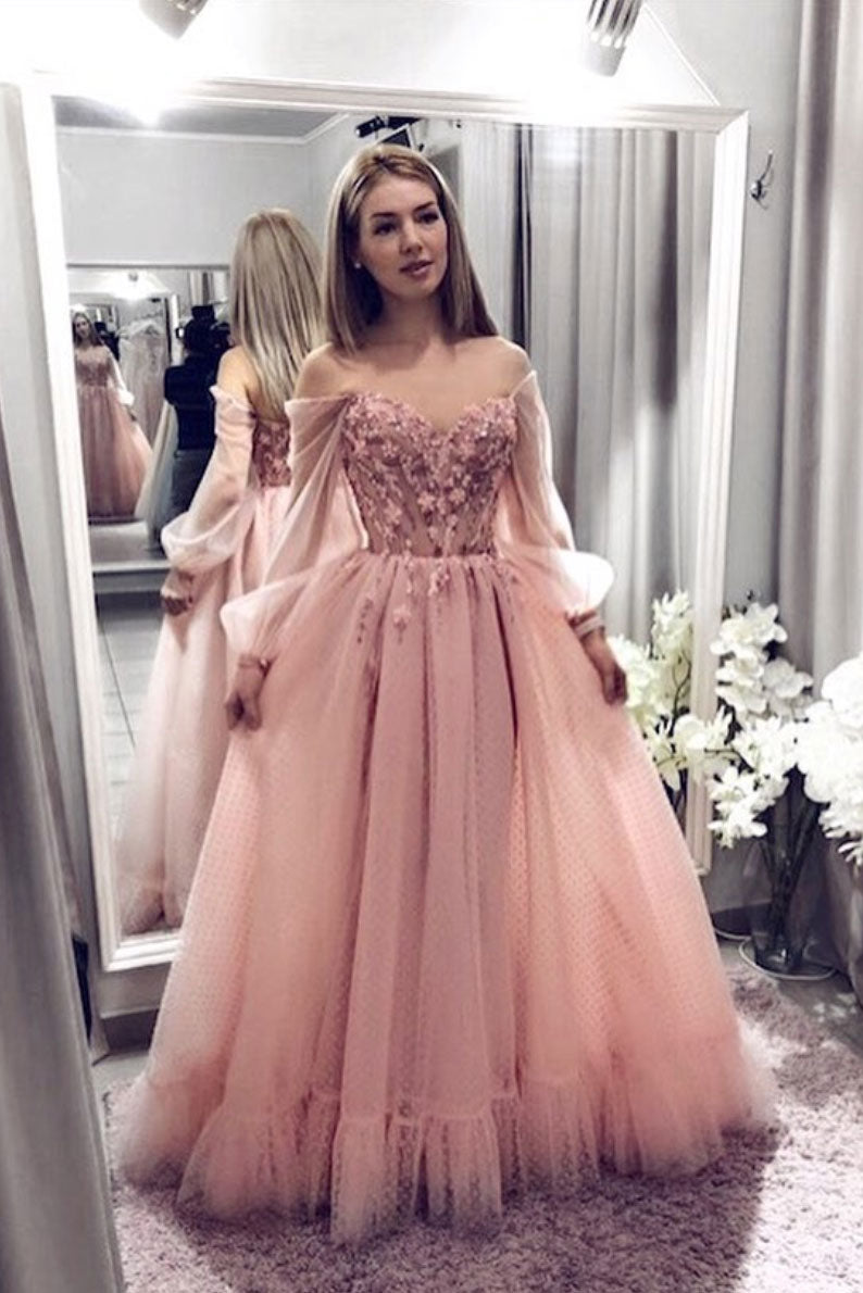 pink sweetheart tulle lace long prom dress, pink evening dress