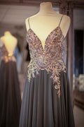 Charcoal gray lace beads chiffon long prom dress, evening dress