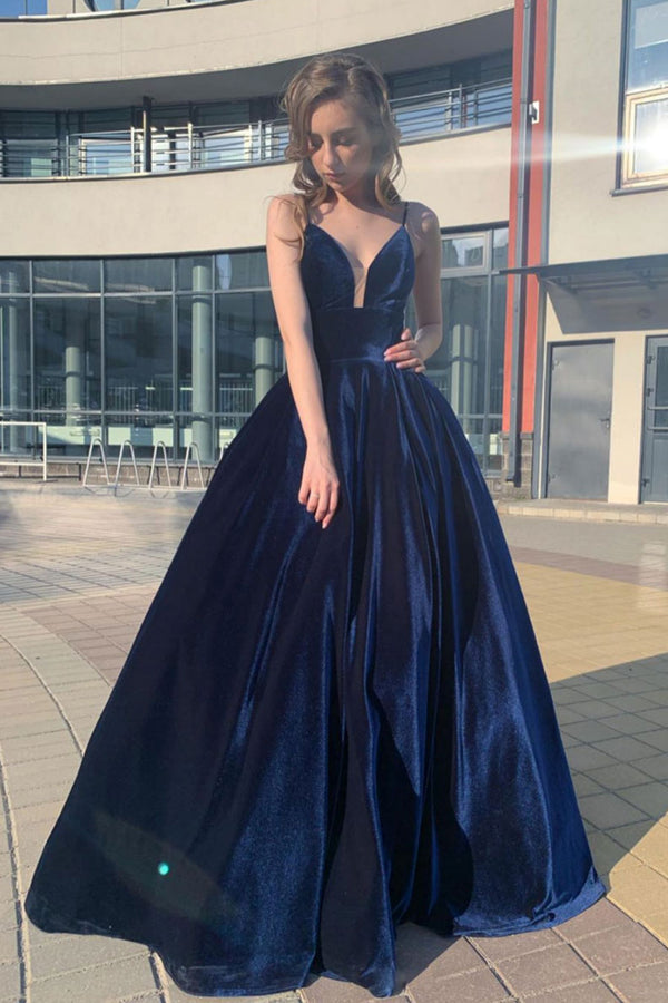 Simple v neck blue long prom dress blue formal dress