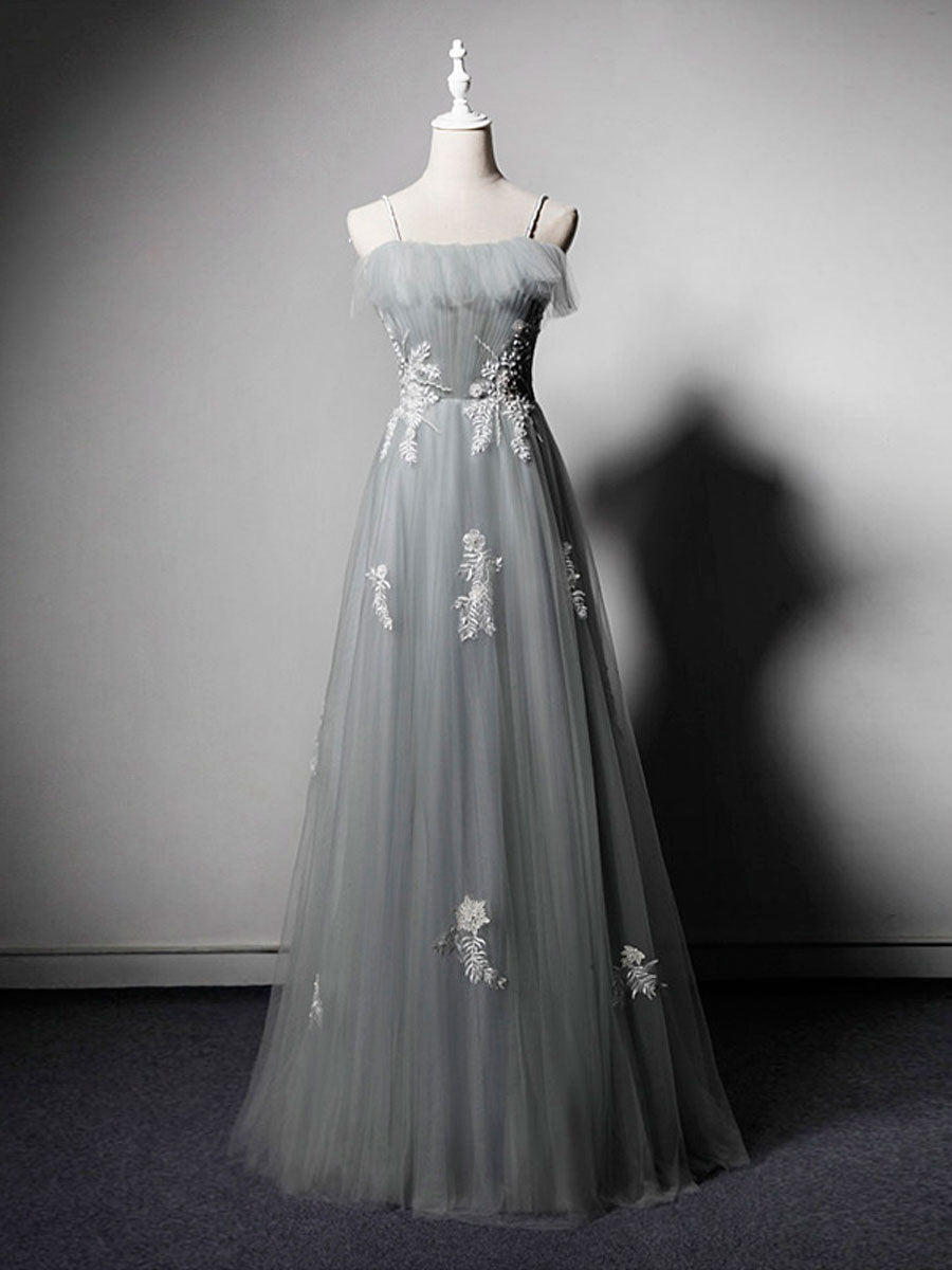 Simple gray tulle lace long prom dress, gray tulle formal dress