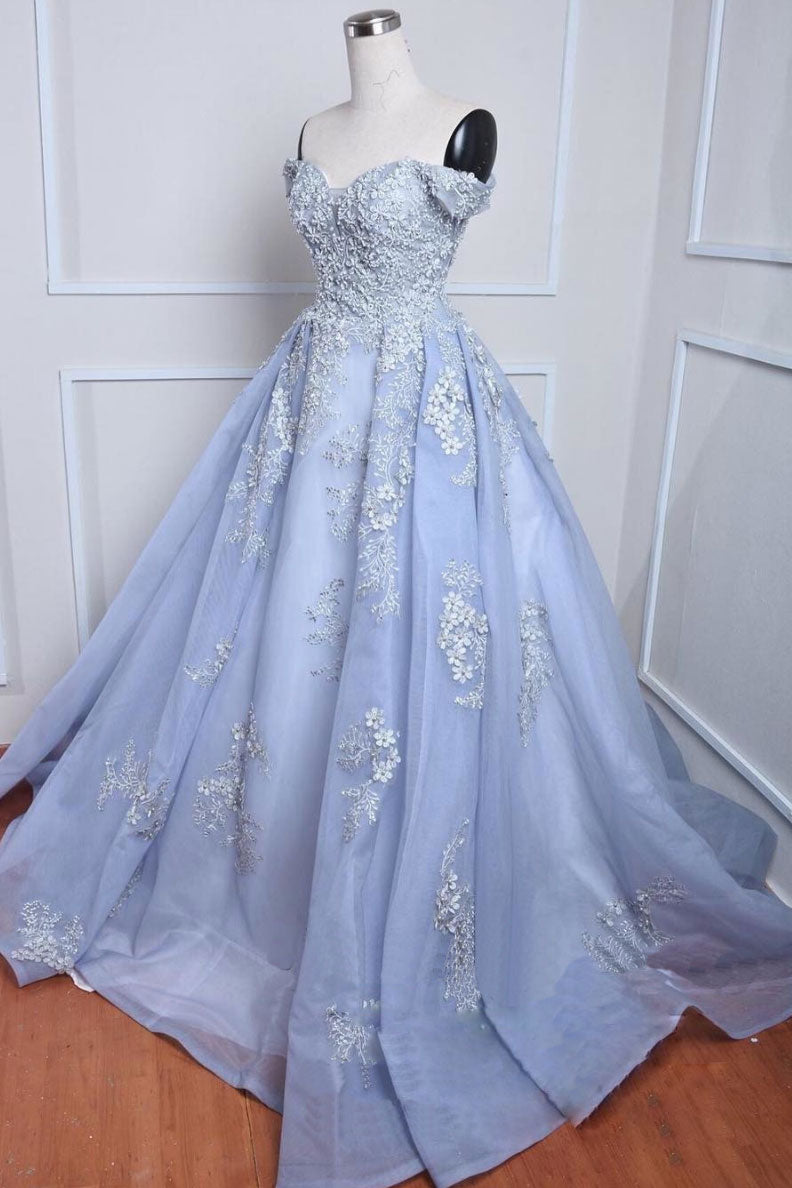 Blue off shoulder tulle lace applique long prom dress, blue evening dress
