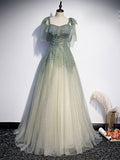 Green tulle sequin beads long prom dress, green tulle formal dress