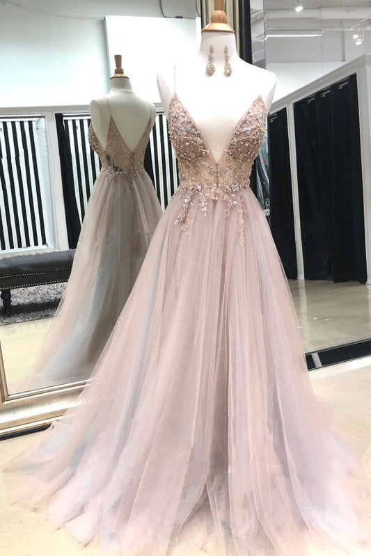 Pink v neck tulle lace beads long prom dress, pink evening dress