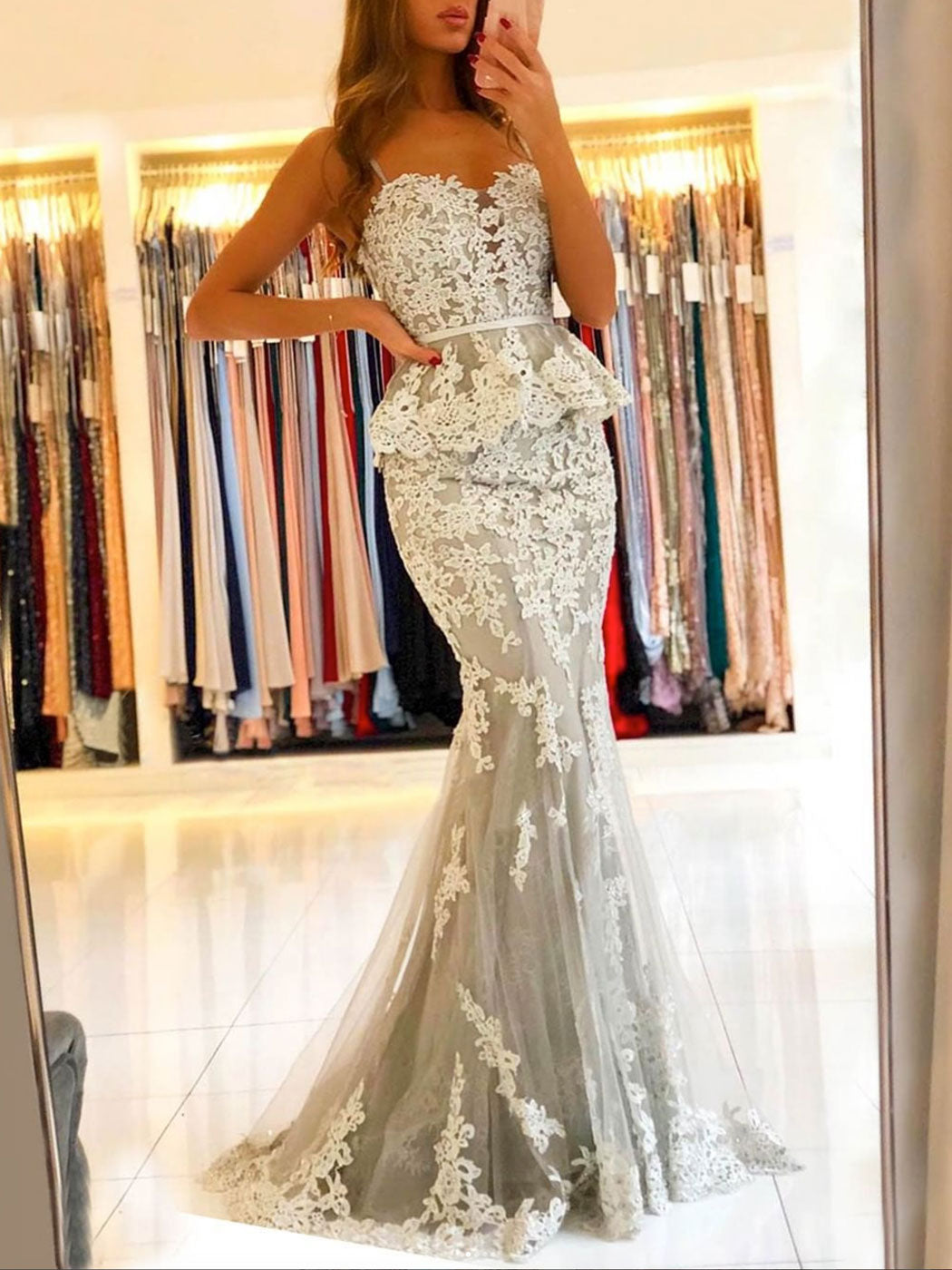 Gray sweetheart neck tulle lace mermaid long prom dress, lace evening dress