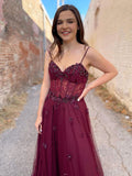 Burgundy tulle A line long prom dress, burgundy evening dress