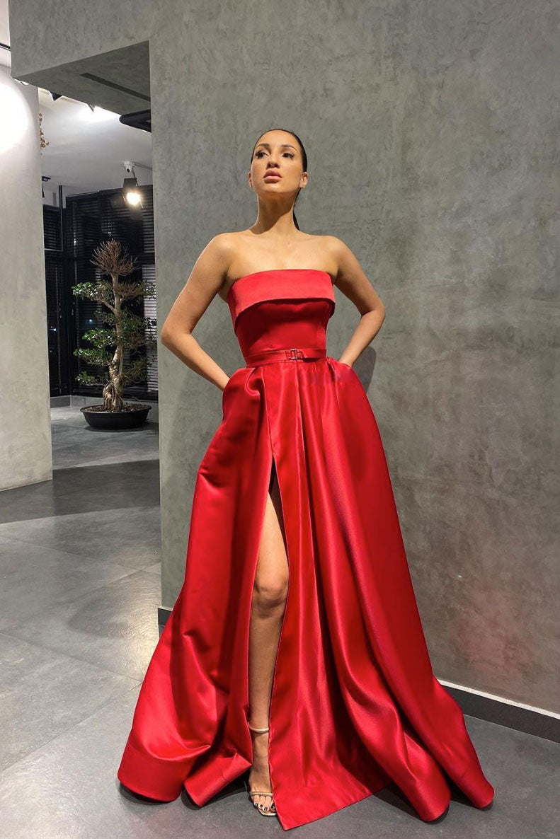 Simple red satin long prom dress red evening dress