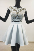 Light blue two pieces lace short prom dress, homecoming dress