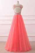 Pink round neck tulle sequin long prom dress, pink evening dress