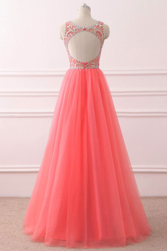 Pink round neck tulle sequin long prom dress, pink evening dress