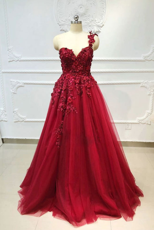 Burgundy tulle lace one shoulder long prom dress, burgundy bridesmaid dress