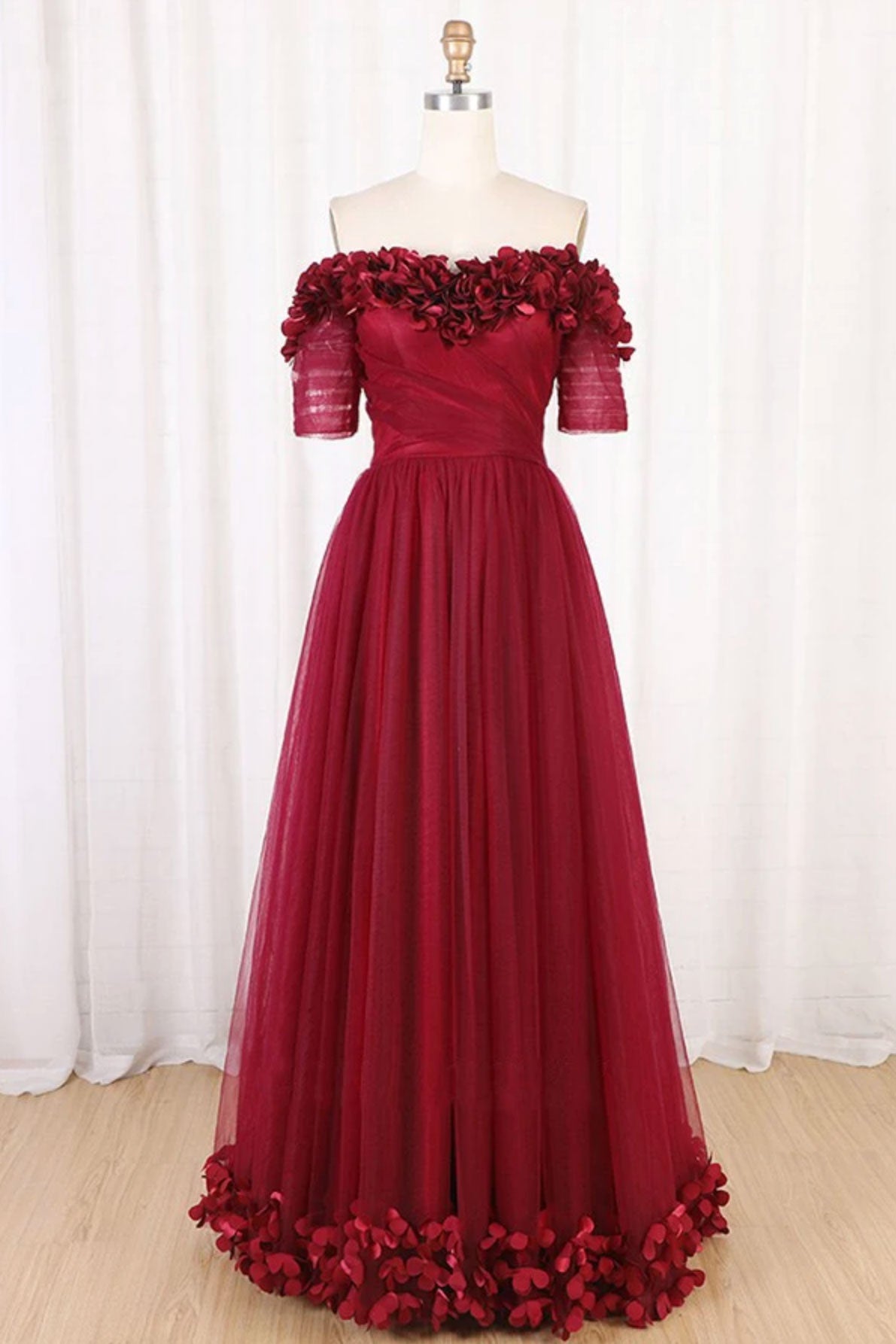 Burgundy tulle off shoulder long prom dress burgundy evening dress ...