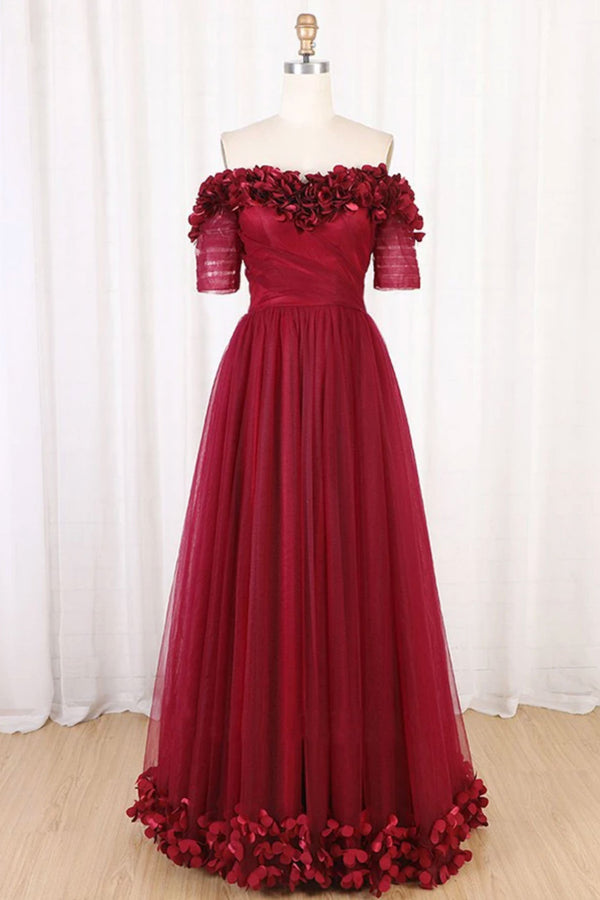 Burgundy tulle off shoulder long prom dress burgundy evening dress