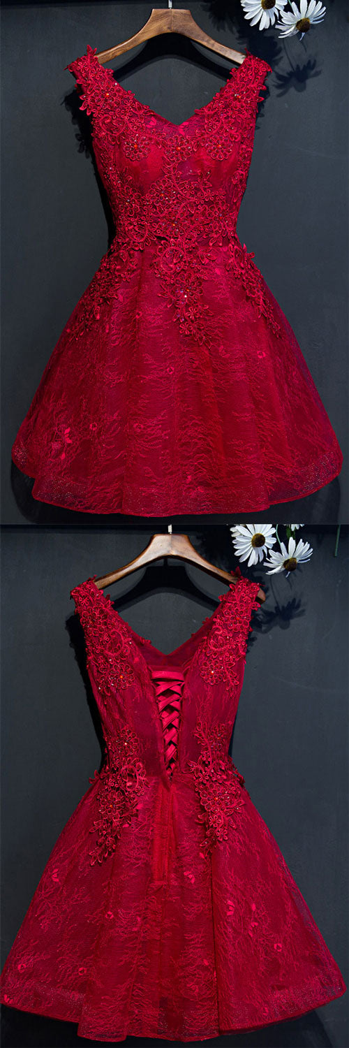 Burgundy v neck lace short prom dress, burgundy homecoming dress