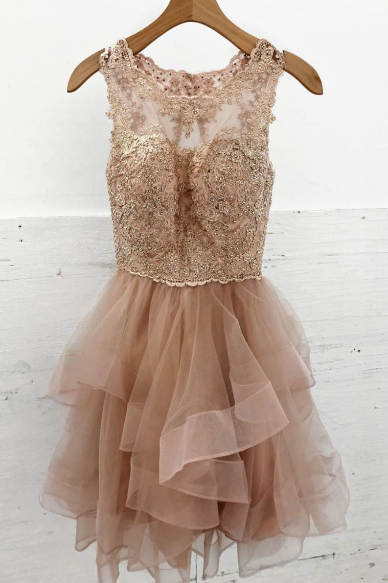 Champagne round neck lace tulle short prom dress, homecoming dress