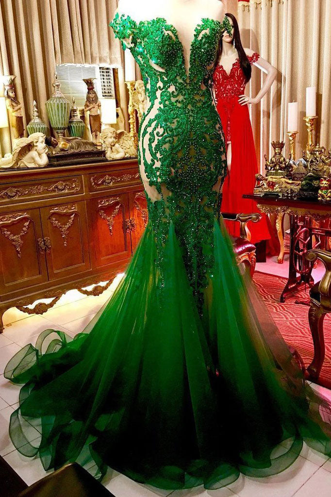 Green lace tulle long prom dress, green lace evening dress