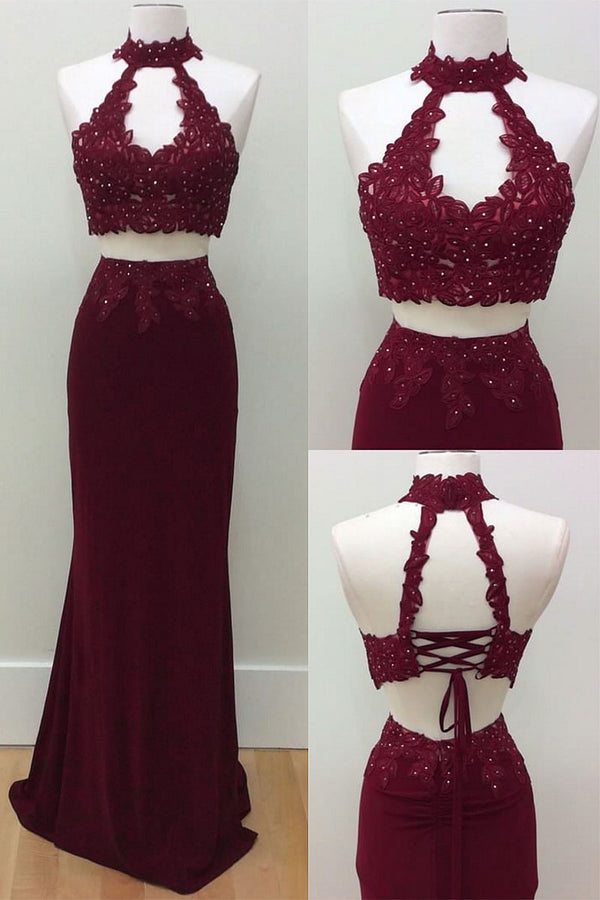 Burgundy lace two pieces long prom dress, burgundy evening dress