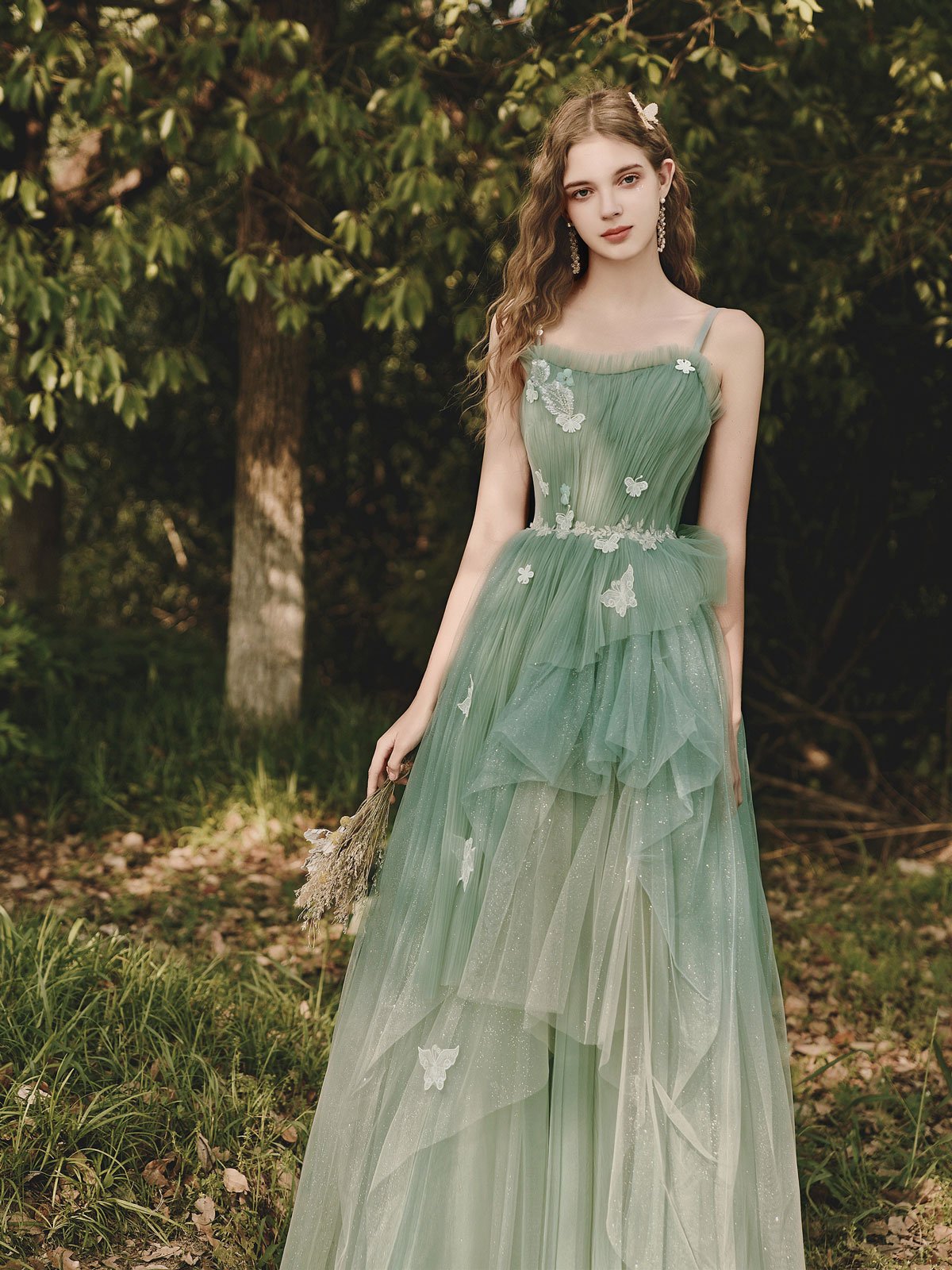 Green tulle lace long prom dress, green tulle formal dress