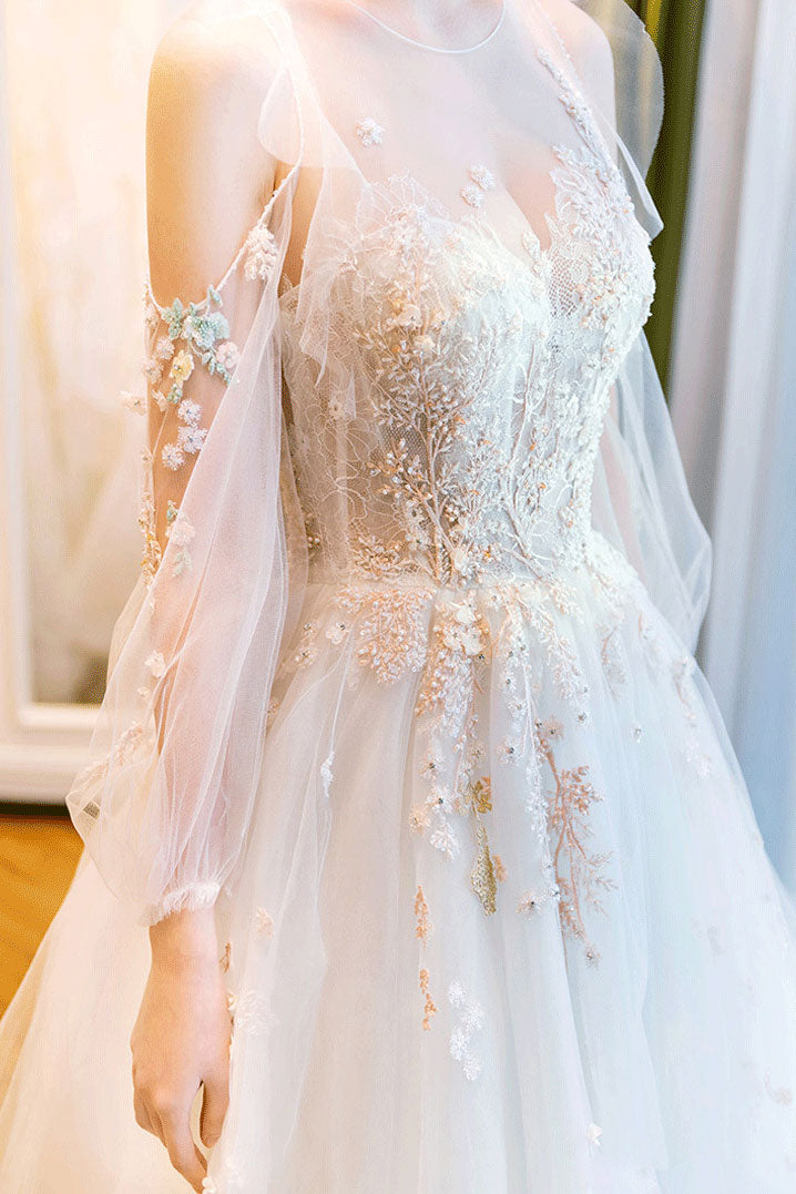 Unique round neck tulle lace long wedding dress. bridal dress